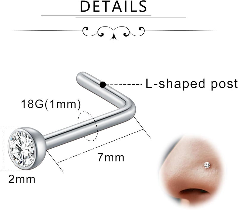 D.Bella 16G 18G 20G 22G L Shaped Nose Studs Surgical Steel 1.5mm 2mm 2.5mm 3mm Clear Colorful Diamond CZ Nose Rings Studs Nose Rings for Women Nose Nostril Piercing Jewerly Silver Gold Rose Gold Black - Image 2